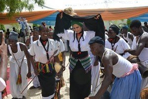 Sally Mbanefo dancing with a cultural dance troupe in Bachama Kingdom, Adamawa State