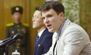 Otto Frederick Warmbier, a University of Virginia student who has been detained in North Korea since early January, during a news conference in Pyongyang, North Korea. Pic: REUTERS/Kyodo