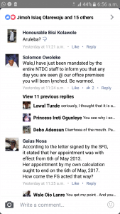 Screen munch of the NTDC staff threat on Wale Ojo-Lanre