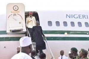President Muhammadu Buhari alighting from the presidential jet at Kaduna International Airport 