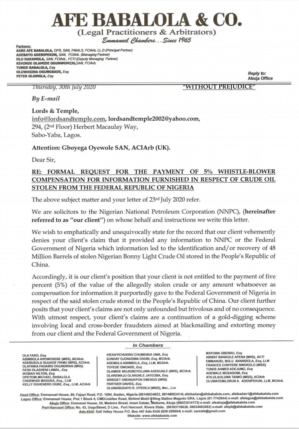 NNPC Faults Firm Letter