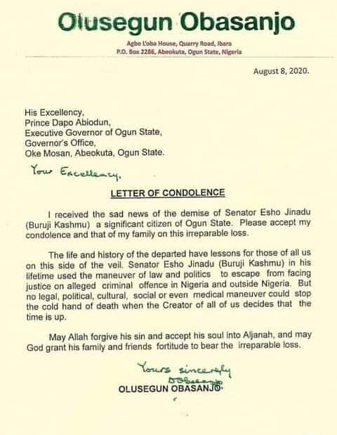 Obasanjo's condolence letter to Dapo Abiodun
