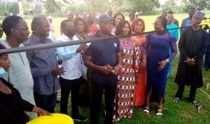 The General Officer Commanding GOC 2 Division Nigerian Army Maj Gen Gold Chibuisi over the weekend cutting tape with his wife to commission the expanded hole9 at Tiger Golf Club as part of activities marking his birthday