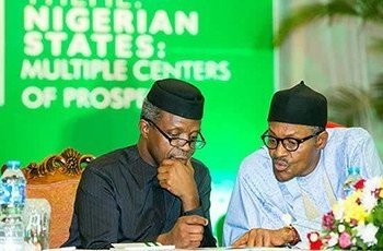 President Muhammady Buhari stressing a point to the Vice President Yemi Osinbajo during the economic retreat.