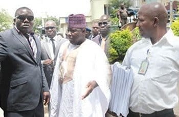 Former national chairman of the Peoples Democratic Party (PDP), Senator Ali Modu Sheriff, arriving at the party secretariat, after the consultation from Force headquarters and Bailiff Officer from Federal High Court, Mr Bentu Moses, with the document that affirms Senator Sheriff as authentic chairman of the party.