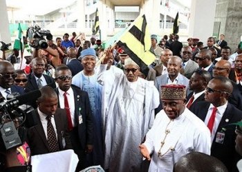 Buhari with Saraki, Dogara, Amechi during railway commissioning