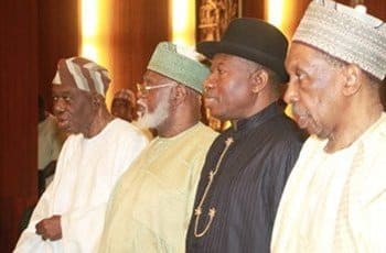 From left, Former Chairman, Interim National Government, Chief Ernest Shonekan; Former Head of State, Gen. Abdulsalami Abubakar; Former President Goodluck Jonathan and Former Chief Justice of the Federation, Justice Muhammad Uwais during the National Council of States chaired by President Muhammadu Buhari at the Aso Chambers, State House, Abuja.