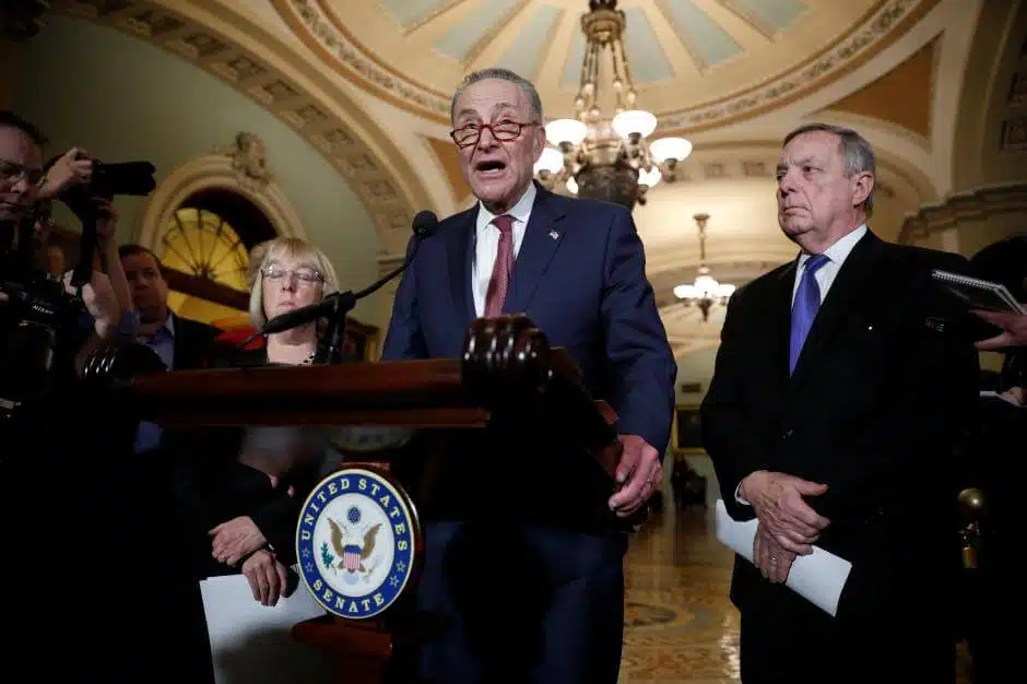 Senate Minority Leader Chuck Schumer, accompanied by Sen. Dick Durbin (D-IL) and Sen. Patty Murray (D-WA), speaks with reporters following the party luncheons on Capitol Hill in Washington