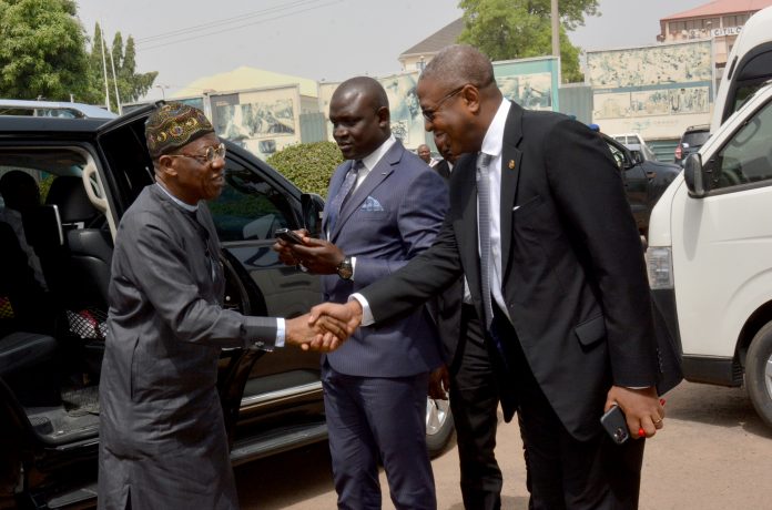 Folorunsho Coker welcoming Lai Mohammed to NTDC Director-General the Nigerian Tourism Development Corporation, Mr Folorunsho Coker, welcoming the Minister of Information and Culture, Alh. Lai Mohammed to the Corporation.