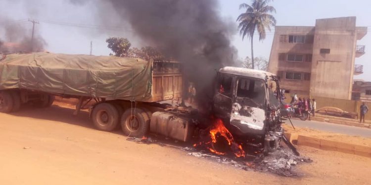 Dangote truck set ablaze