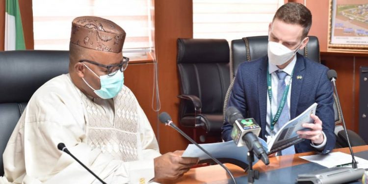 Senator Godswill Akpabio (left) with the Charge d' Affaires a.i of the Embassy of Ireland in Nigeria, Mr Conor Finn, in his office in Abuja on Thursday.