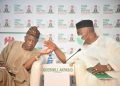 Minister, Niger Delta Affairs, Senator Godswill Akpabio, (r) with the Minister, Information and Culture Ministry, Alhaji Lai Mohammed, at the Town Hall meeting on Destruction of Oil and Gas Infrastructure, in Abuja on Monday.
