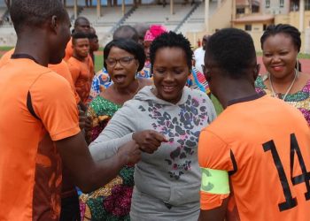 GM Ekiti State Sports Council, Mrs. Olusola Osetoba Inspecting teams before a match in the on-going ODEP Unity Cup.