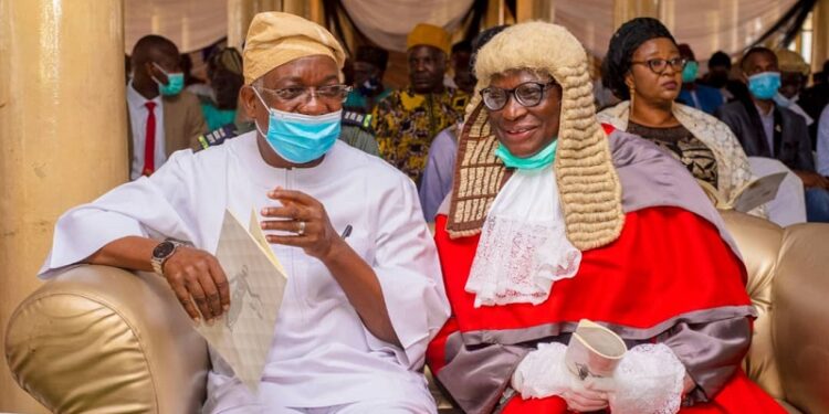 Oyo Deputy Governor, Rauf Olaniyan with the state's Chief Judge, Justice Munta Abimbola.