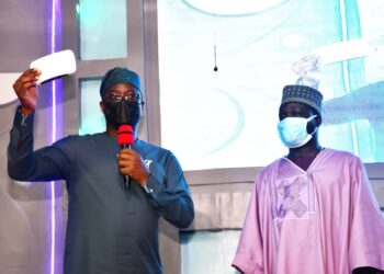Oyo State Governor, Seyi Makinde (left) and Chairman, Dexterity Group, Femi Akin-Alamu during the Launch of SATVIEW Network and unveiling of Decoder and Channels held at ring-road, Ibadan.