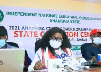 State Collation/Returning officer for the Anambra State governorship election, Prof Florence Obi (middle).