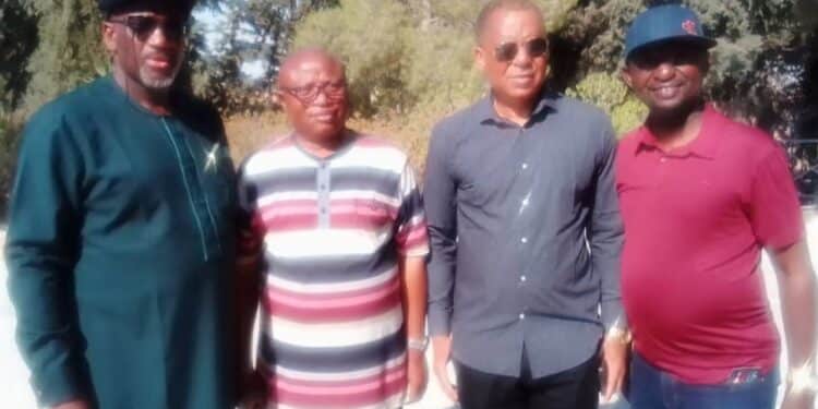From left: The Chairman of the Nigerian Christian Pilgrim Commission, Rev Yomi Kasali, Barr.Funso Olukoga, the Ex-Officio member representing CBN on NCPC Board, Mr John Attah and the Head, Media and Public Relations NCPC, Celestine Toruka at Shepherd,s Field, Bethlehem, during the ongoing Christian Pilgrimage exercise.