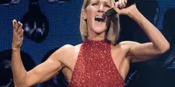 Celine Dion singing on stage during a live performance return.