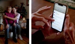 Lill Droniak with Kevin Droniak at her home in Shelton, Conn.; the two review comments on a recent TikTok.