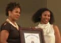 Retired astronaut Joan Higginbotham (left), Spelman senior Kathleen Bostick (right). Credit: WXIA
