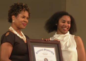 Retired astronaut Joan Higginbotham (left), Spelman senior Kathleen Bostick (right). Credit: WXIA