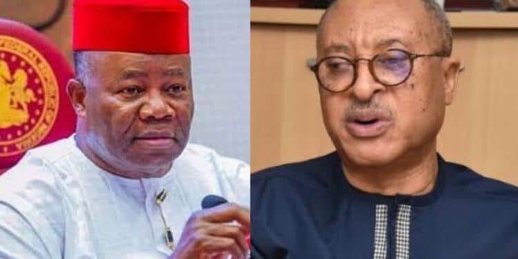 Senator Godswill Akpabio with Professor Pat Utomi