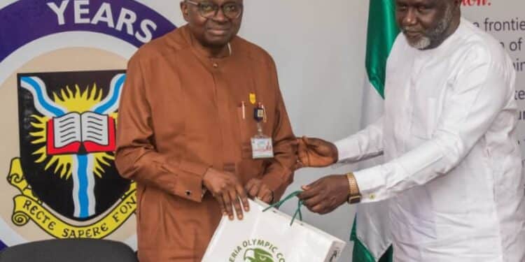Vice-Chancellor of the University of Ibadan - UI, Professor Kayode O. Adebowale with Hon. Tunde Popoola of the Nigerian Olympic Committee discussing sports in Nigeria