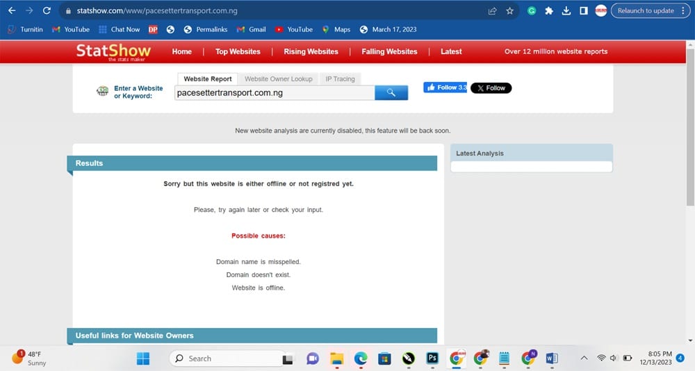 StatShow report on Oyo State Pacesetter Transport Services website