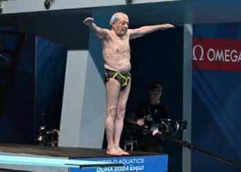 Taghi Askari prepares to dive at the World Aquatics Masters Championships in Doha, Qatar. World Aquatics