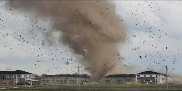 Debris is lifted into the air by a possible tornado near Greenwood Indiana