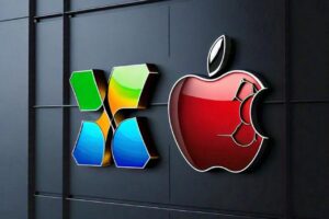 AI Powered Apple logo with Microsoft logo