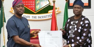 Oyo State governor, ‘Seyi Makinde (left); receiving the UNESCO Intangible Cultural Heritage Certificate for Sango Festival from Commissioner for Culture and Tourism, Dr Wasiu Olatubosun, during a State Executive Council meeting, held at Executive Chamber, Governor's Office, Secretariat, Ibadan.