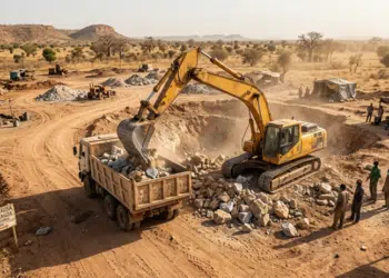 A heavy-duty excavator at an unauthorised lithium mining site in Northern Nigeria.