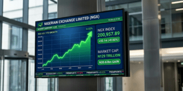 Digital display showing the green NGX Index growth chart