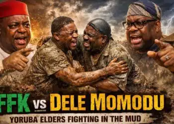 Femi Fani-Kayode and Dele Momodu political controversy illustration.