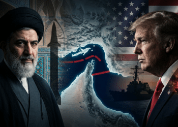Iranian Supreme Leader Mojtaba Khamenei and US President Donald Trump, separated by a map of a blocked Strait of Hormuz and symbols of military conflict.