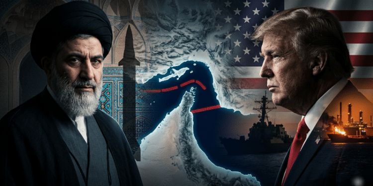Iranian Supreme Leader Mojtaba Khamenei and US President Donald Trump, separated by a map of a blocked Strait of Hormuz and symbols of military conflict.