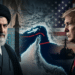 Iranian Supreme Leader Mojtaba Khamenei and US President Donald Trump, separated by a map of a blocked Strait of Hormuz and symbols of military conflict.