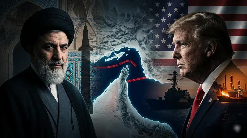 Iranian Supreme Leader Mojtaba Khamenei and US President Donald Trump, separated by a map of a blocked Strait of Hormuz and symbols of military conflict.