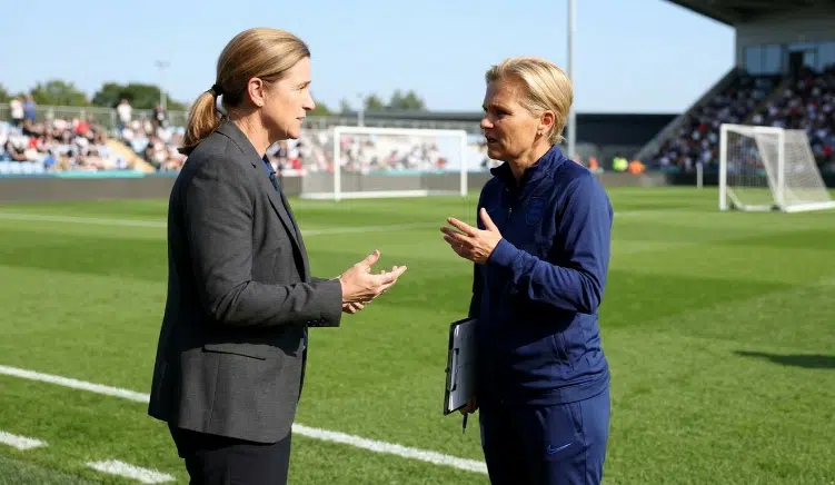 Jill Ellis and Sarina Wiegman discussing new FIFA coaching regulations on Female Coaches For All Women’s Teams