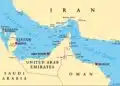 Map of Strait of Hormuz shipping lanes and Iranian coastline.
