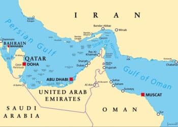 Map of Strait of Hormuz shipping lanes and Iranian coastline.