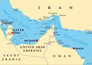 Map of Strait of Hormuz shipping lanes and Iranian coastline.