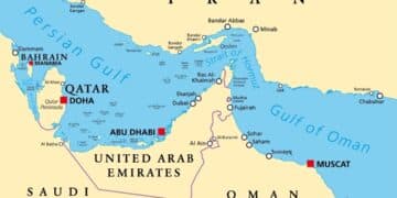Map of Strait of Hormuz shipping lanes and Iranian coastline.