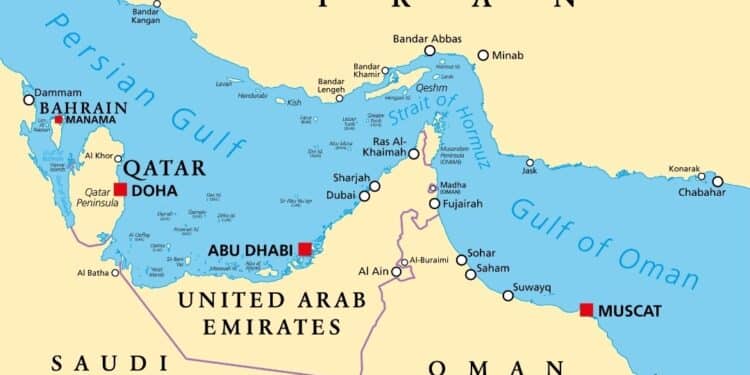 Map of Strait of Hormuz shipping lanes and Iranian coastline.