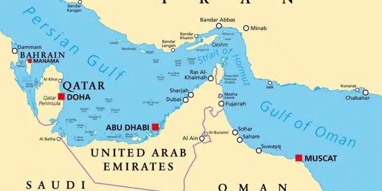 Map of Strait of Hormuz deal shipping lanes and Iranian coastline.