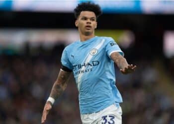 Nico O'Reilly celebrating his second goal for Manchester City against Arsenal in the EFL Cup final.