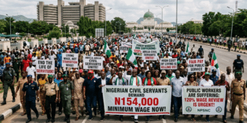 Nigerian civil servants protesting for a living wage in Abuja.