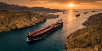 Aerial view of an oil tanker transiting the Strait of Hormuz chokepoint, illustrating the critical global energy shipping route during a dramatic sunset.