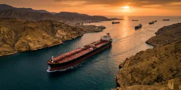 Aerial view of an oil tanker transiting the Strait of Hormuz chokepoint, illustrating the critical global energy shipping route during a dramatic sunset.